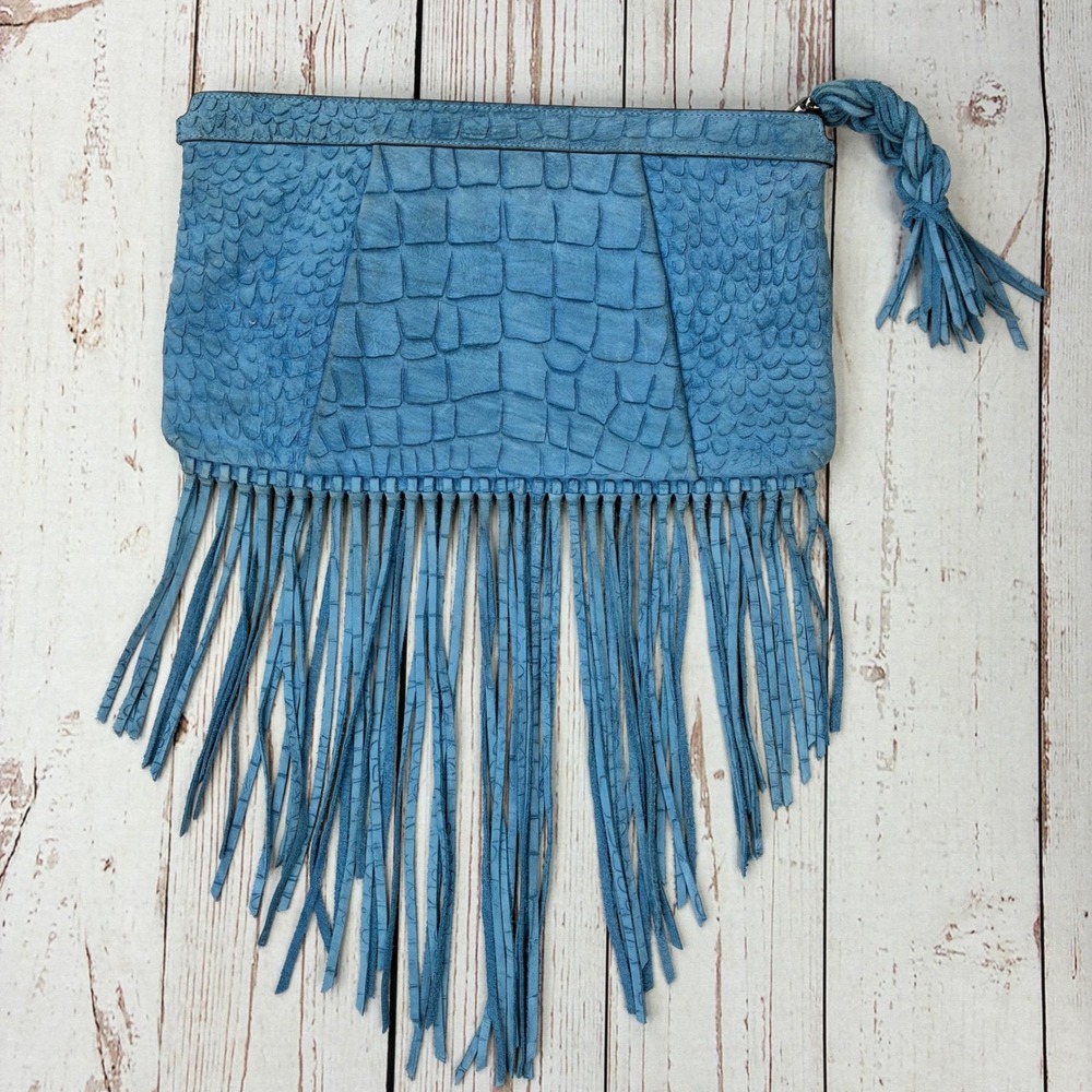 Monika Chiang Blue Embossed Leather Fringe Tassel Zip Clutch Bag